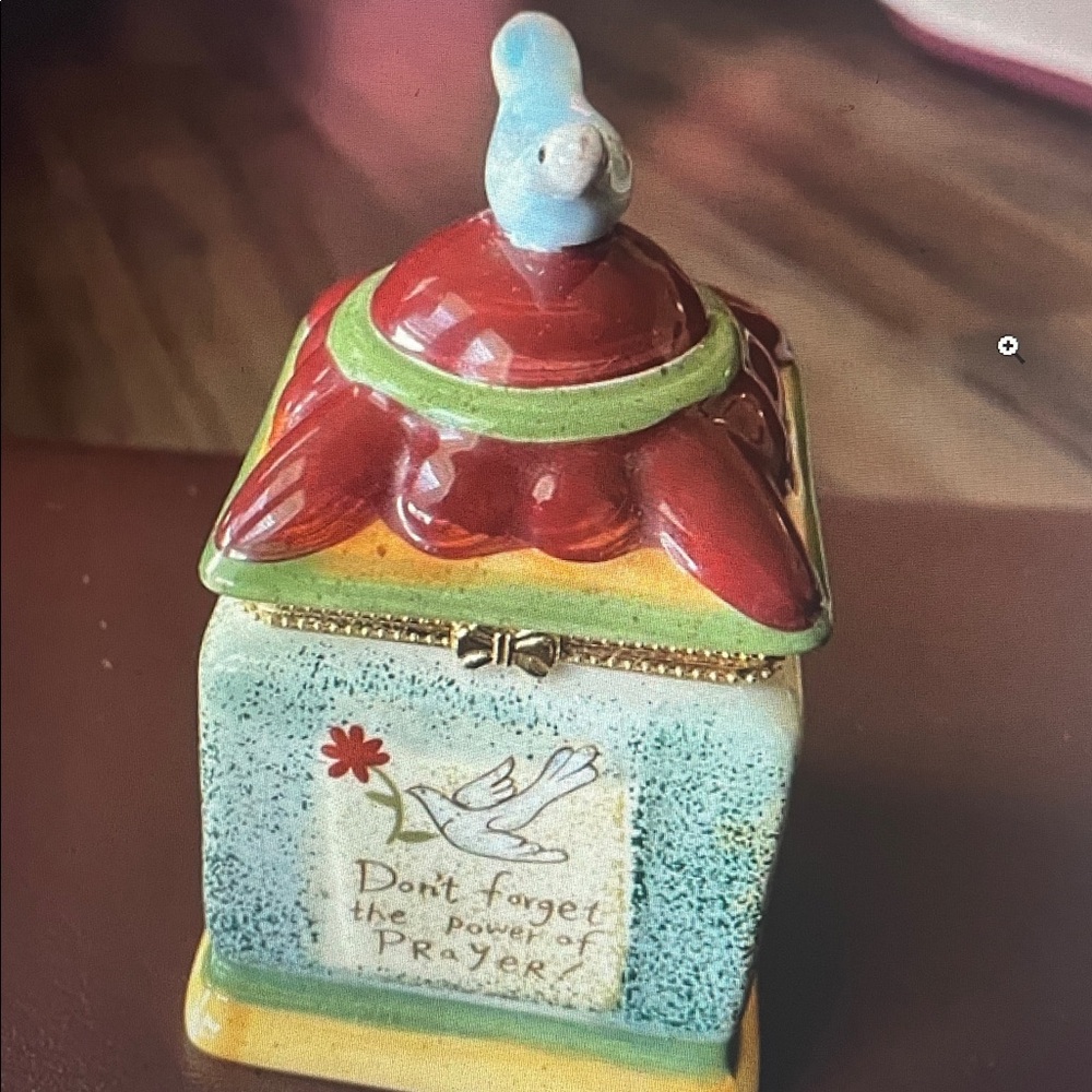 Creative Coop Ceramic Prayer Trinket Box Hinged with Lid
